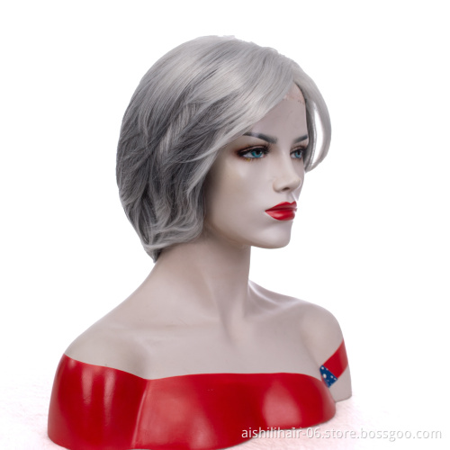 Short Stright Silk Nature Wave Synthetic Hiar Wigs With Cut Silver Gray Ombre Dark Gray Wigs For White Women